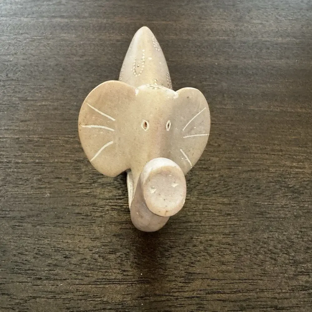 Vintage Hand Carved Soapstone Elephant Figurine Lucky Trunk Up Primitive Etched